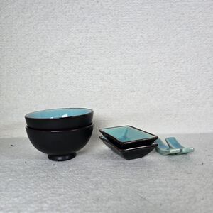 World Market 6 Piece Asian Sushi Set Bowls Dipping Trays Chopstick Holder Blue